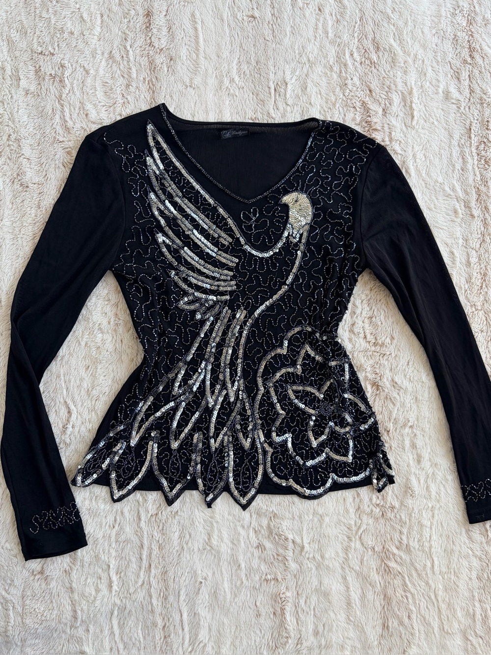 ✨ Vintage Y2K Hand Beaded Sequin Bird Top Black Whimsygoth Fairycore Going Out